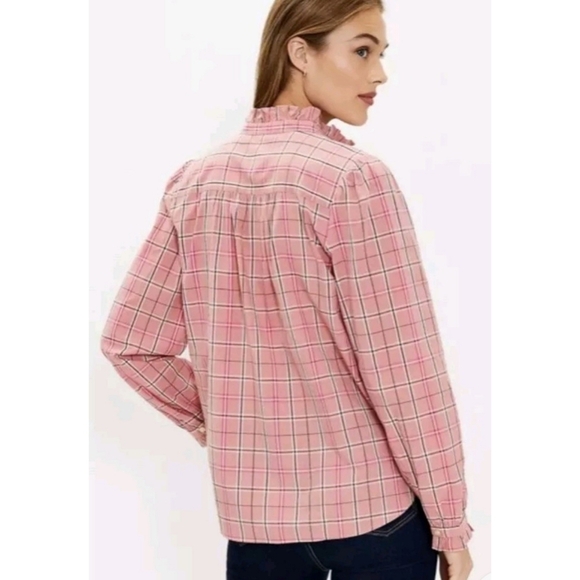 Loft Plaid Ruffle Button down shirt Pink Size S - Picture 2 of 12